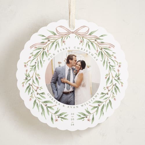 This is a winter rose holiday card ornaments with standard by Susan Zinader called first christmas wreath printing on recycled smooth signature in ornament