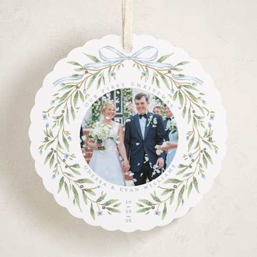 This is a frost holiday card ornaments with standard by Susan Zinader called first christmas wreath printing on recycled smooth signature in ornament