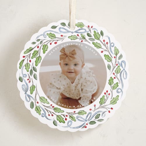 This is a peppermint holiday card ornaments with standard by Pati Cascino called angel printing on recycled smooth signature in ornament