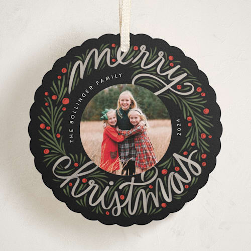 This is a holly holiday card ornaments with standard by Jen Owens called merry round printing on recycled smooth signature in ornament