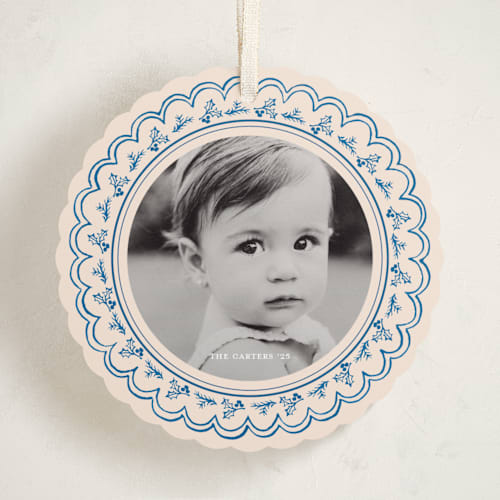 This is a blue jay holiday card ornaments with standard by Teju Reval called scalloped holly printing on recycled smooth signature in ornament