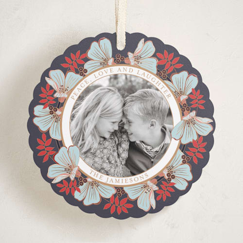 This is a midnight holiday card ornaments with standard by Katrina Marquet called joyful wreath printing on recycled smooth signature in ornament