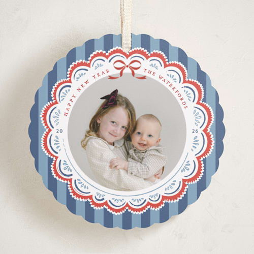 This is a blue spruce holiday card ornaments with standard by Mansi Verma called festive folk printing on recycled smooth signature in ornament