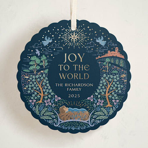 This is a starry night holiday card ornaments with foil pressed by Paper Sun Studio called away in a manger printing on signature in ornament