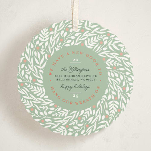 This is a spearmint holiday card ornaments with standard by Mary Kay Garttmeier called new home wreath printing on signature in ornament
