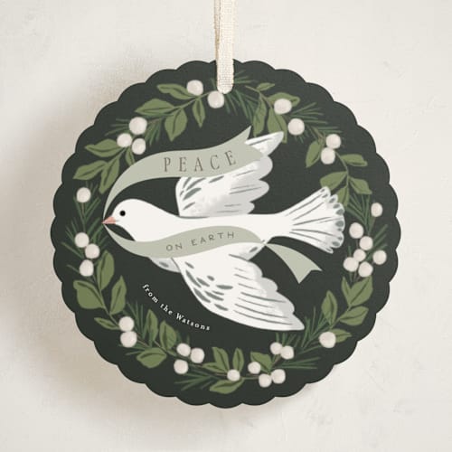 This is a wreath holiday card ornaments with standard by Everett Paper Goods called dove wreath printing on signature in ornament
