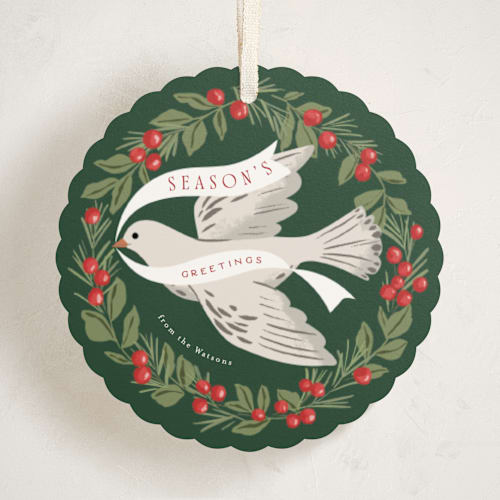 This is a evergreen holiday card ornaments with standard by Everett Paper Goods called dove wreath printing on signature in ornament