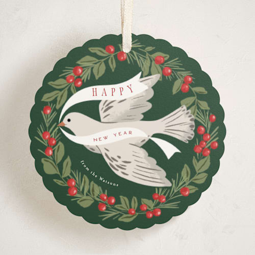 This is a evergreen holiday card ornaments with standard by Everett Paper Goods called dove wreath printing on signature in ornament