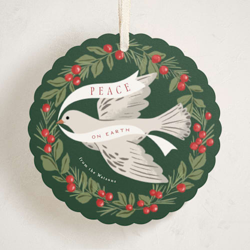 This is a evergreen holiday card ornaments with standard by Everett Paper Goods called dove wreath printing on signature in ornament