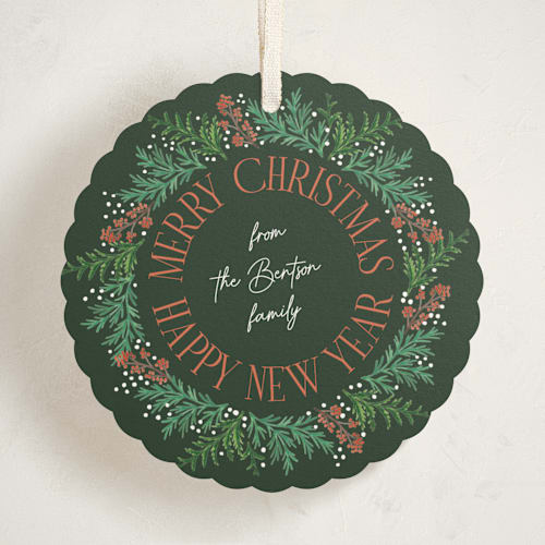 This is a evergreen holiday card ornaments with standard by Alethea and Ruth called wreath greens printing on signature in ornament