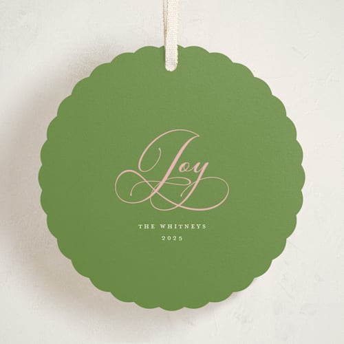 This is a pistachio holiday card ornaments with standard by Erika Firm called joy cloud printing on signature in ornament