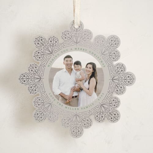 This is a snowfall holiday card ornaments with foil pressed by Amy Payne called scandinavian snowflake printing on recycled smooth signature in ornament