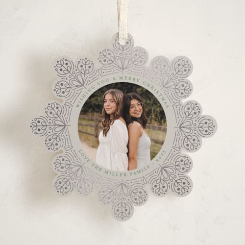 This is a snowfall holiday card ornaments with foil pressed by Amy Payne called scandinavian snowflake printing on recycled smooth signature in ornament