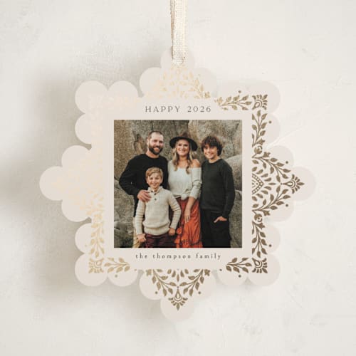 This is a cream holiday card ornaments with foil pressed by Ana de Sousa called beautiful foliage printing on recycled smooth signature in ornament