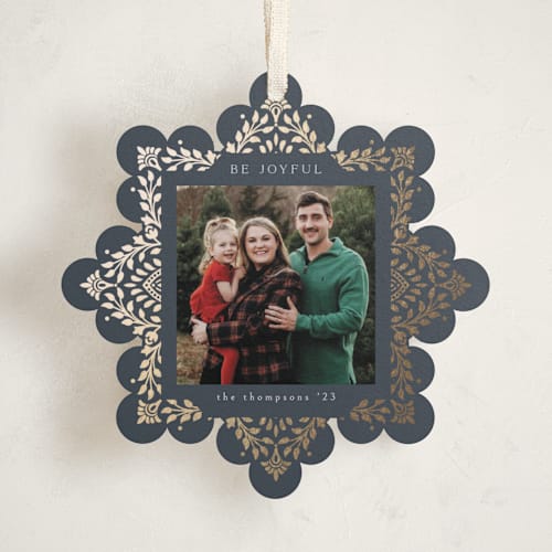 This is a midnight holiday card ornaments with foil pressed by Ana de Sousa called beautiful foliage printing on recycled smooth signature in ornament