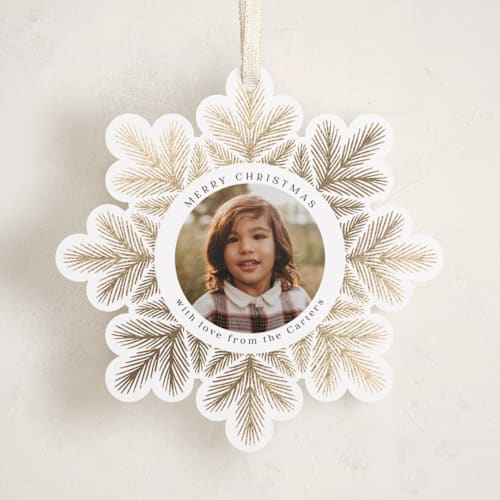 This is a snow holiday card ornaments with foil pressed by Laura Hankins called tinsel wreath printing on recycled smooth signature in ornament