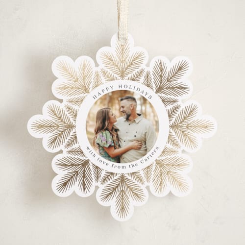 This is a snow holiday card ornaments with foil pressed by Laura Hankins called tinsel wreath printing on recycled smooth signature in ornament