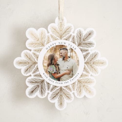 This is a snow holiday card ornaments with foil pressed by Laura Hankins called tinsel wreath printing on recycled smooth signature in ornament