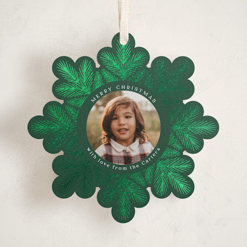 This is a pine holiday card ornaments with foil pressed by Laura Hankins called tinsel wreath printing on recycled smooth signature in ornament