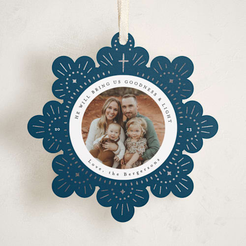 This is a midnight holiday card ornaments with foil pressed by Itsy Belle Studio called cross snowflake printing on recycled smooth signature in ornament