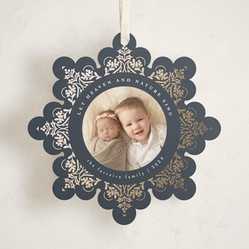 This is a blue spruce holiday card ornaments with foil pressed by Ana de Sousa called heaven&nature printing on recycled smooth signature in ornament