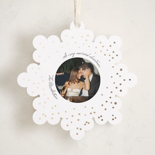 This is a snow holiday card ornaments with foil pressed by Anna Kasper called a very married christmas foil ornament printing on recycled smooth signature in ornament