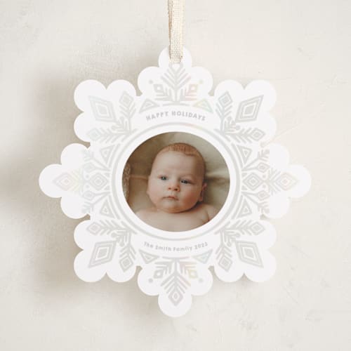 This is a snow holiday card ornaments with gloss press by Jessie Steury called super snowflake printing on recycled smooth signature in ornament