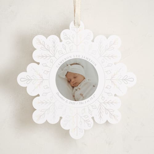 This is a snow holiday card ornaments with gloss press by Becky Nimoy called winter snowflake printing on recycled smooth signature in ornament