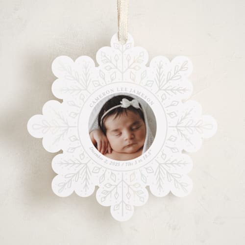 This is a snow holiday card ornaments with gloss press by Becky Nimoy called winter snowflake printing on recycled smooth signature in ornament