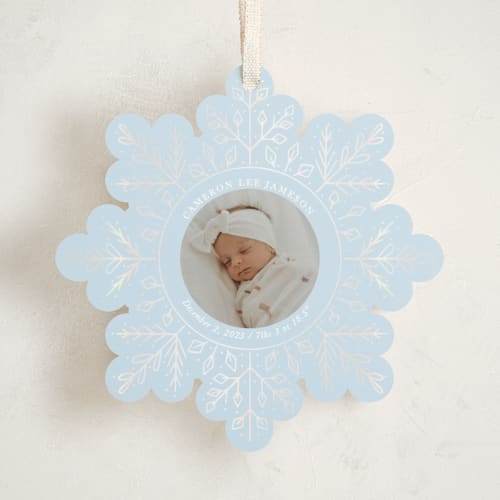 This is a ice holiday card ornaments with gloss press by Becky Nimoy called winter snowflake printing on recycled smooth signature in ornament