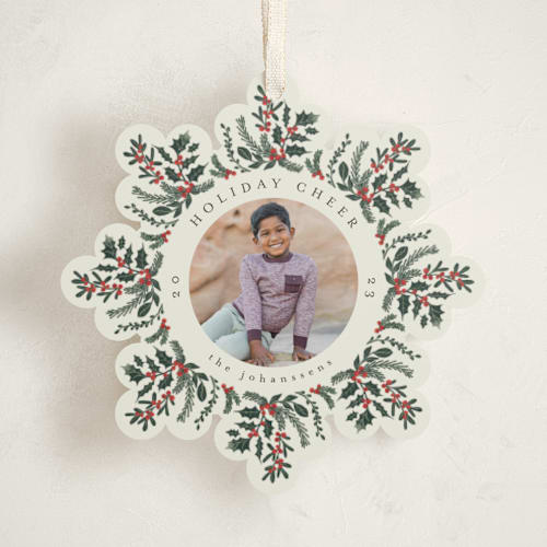 This is a berry holiday card ornaments with standard by Chris Griffith called cheers to the holiday printing on recycled smooth signature in ornament