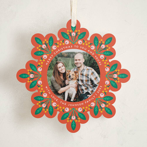This is a scarlet holiday card ornaments with standard by Genna Blackburn called leaves and berries printing on recycled smooth signature in ornament