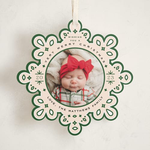 This is a pine holiday card ornaments with standard by Jennifer Lew called ornate printing on recycled smooth signature in ornament