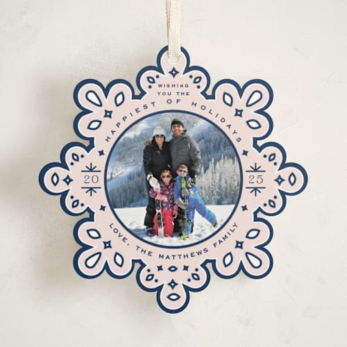 This is a navy holiday card ornaments with standard by Jennifer Lew called ornate printing on recycled smooth signature in ornament