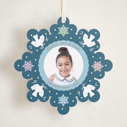 This is a wintermint holiday card ornaments with standard by peetie design called peace snowflake printing on recycled smooth signature in ornament
