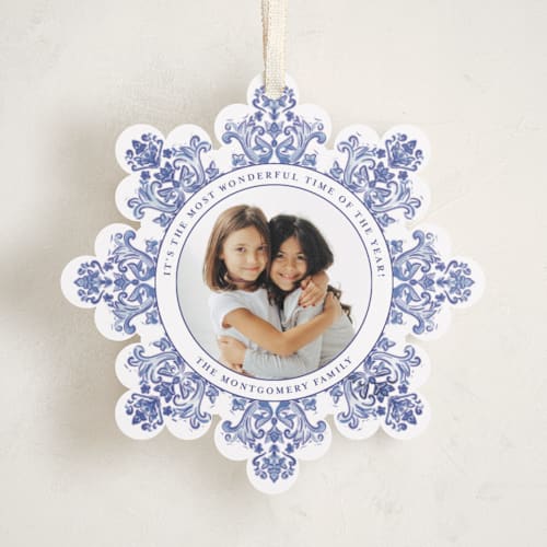 This is a cerulean holiday card ornaments with standard by Jenna Holcomb called azulejo printing on recycled smooth signature in ornament