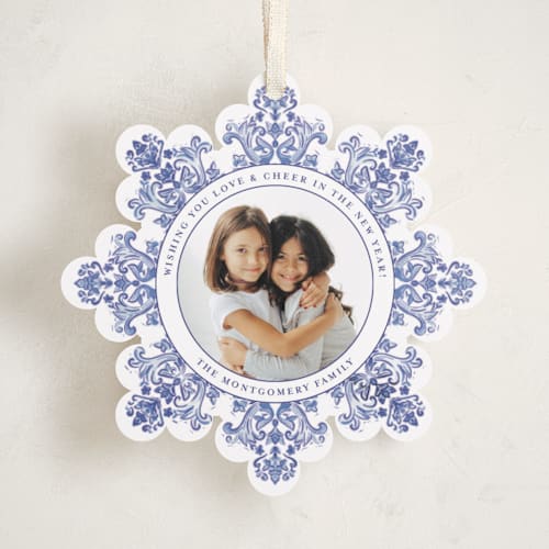 This is a cerulean holiday card ornaments with standard by Jenna Holcomb called azulejo printing on recycled smooth signature in ornament