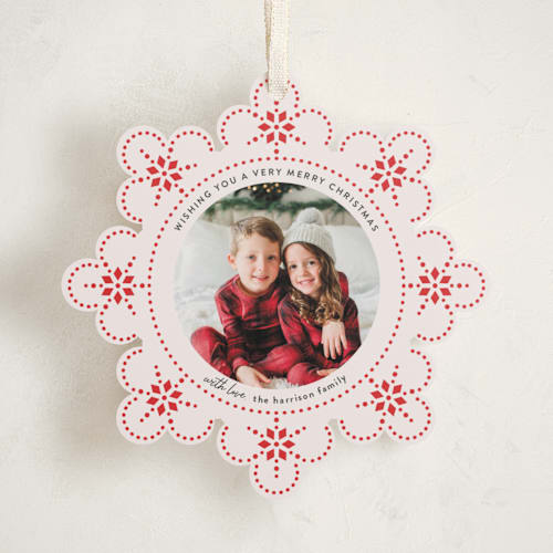 This is a candy cane holiday card ornaments with standard by Kampai Designs called snowflake story printing on recycled smooth signature in ornament