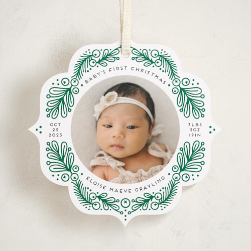 This is a forest holiday card ornaments with standard by Genna Blackburn called first ornament printing on recycled smooth signature in ornament