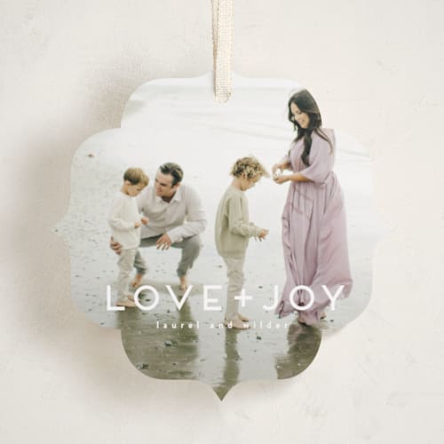This is a snow holiday card ornaments with standard by Kate Ross called love joy printing on recycled smooth signature in ornament