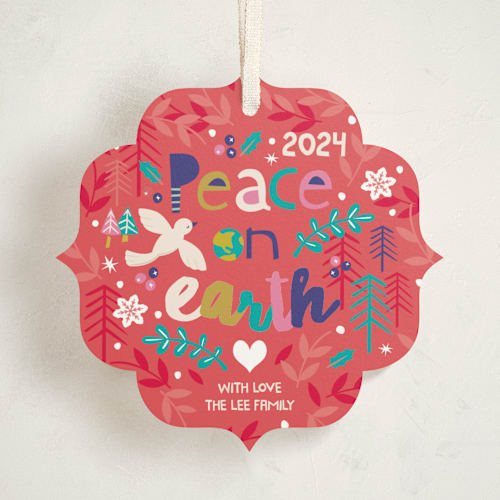This is a holly berry holiday card ornaments with standard by peetie design called festive peace printing on signature in ornament