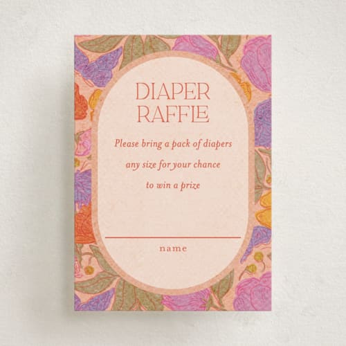 This is a peach baby shower insert cards with standard by Simona Camp called vintage garden printing on signature in standard