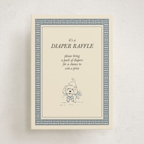 This is a denim baby shower insert cards with standard by Noun New York called cottage core dog with watering can of flowers printing on signature in standard