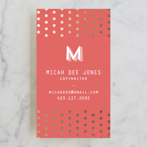 This is a coral business cards by Hanke Arkenbout called oh so peachy polkadot printing on signature in standard