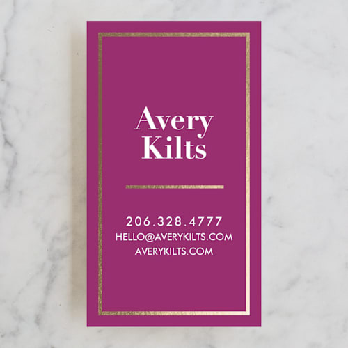 This is a magenta business cards by Iwona K called bold foil frame printing on signature in standard