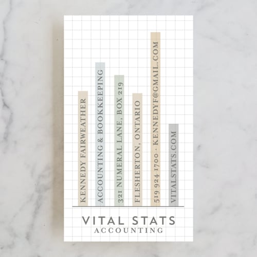 This is a neutral business cards by Stacey Hill called vital stats printing on signature in standard