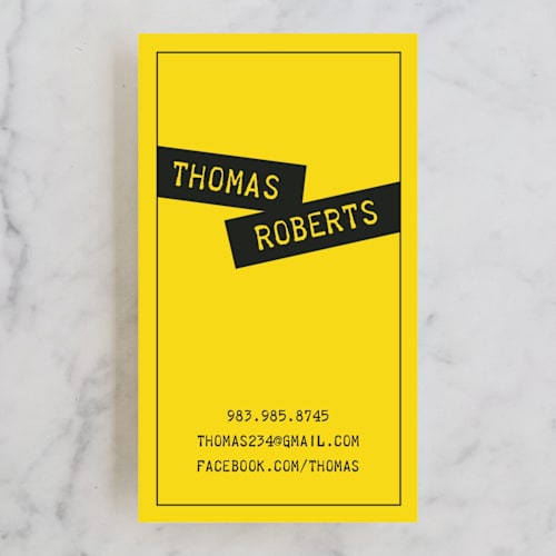 This is a yellow business cards by Ana Gonzalez called simple and twisted printing on signature in standard