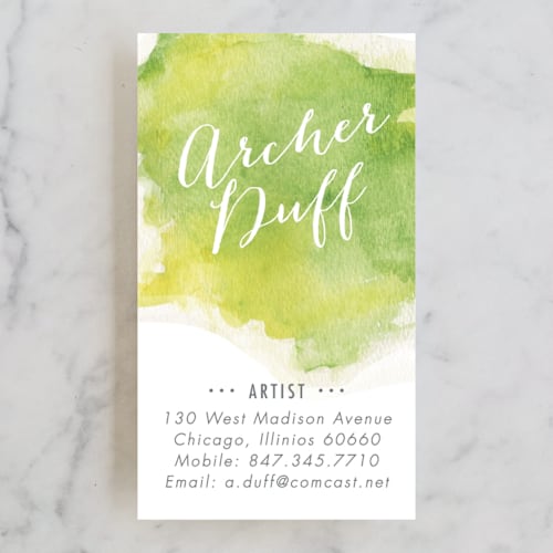 This is a apple business cards by Erin Deegan called watercolor splash printing on signature in standard