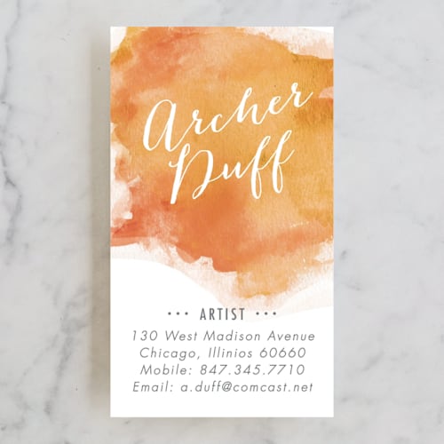 This is a tangerine business cards by Erin Deegan called watercolor splash printing on signature in standard