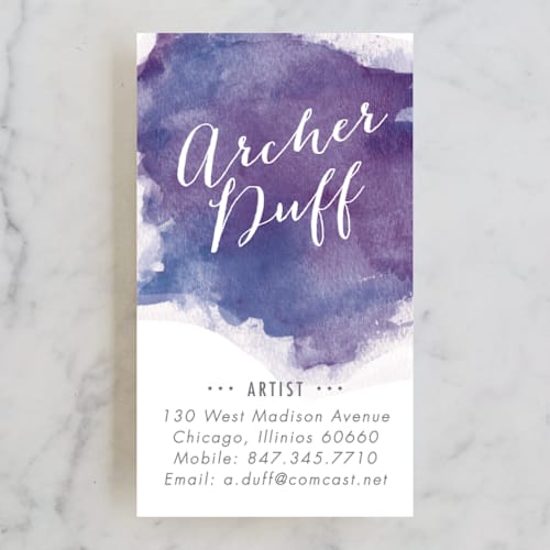 This is a plum business cards by Erin Deegan called watercolor splash printing on signature in standard